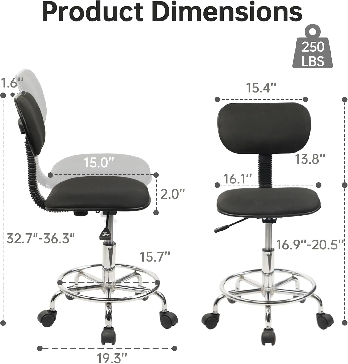 Drafting Chair Rolling Stool Adjustable Height with Back Support Foot Rest and Wheels Multi-Purpose Desk Chair for Home Office Bar Kitchen Shop, Black, 4 Pack