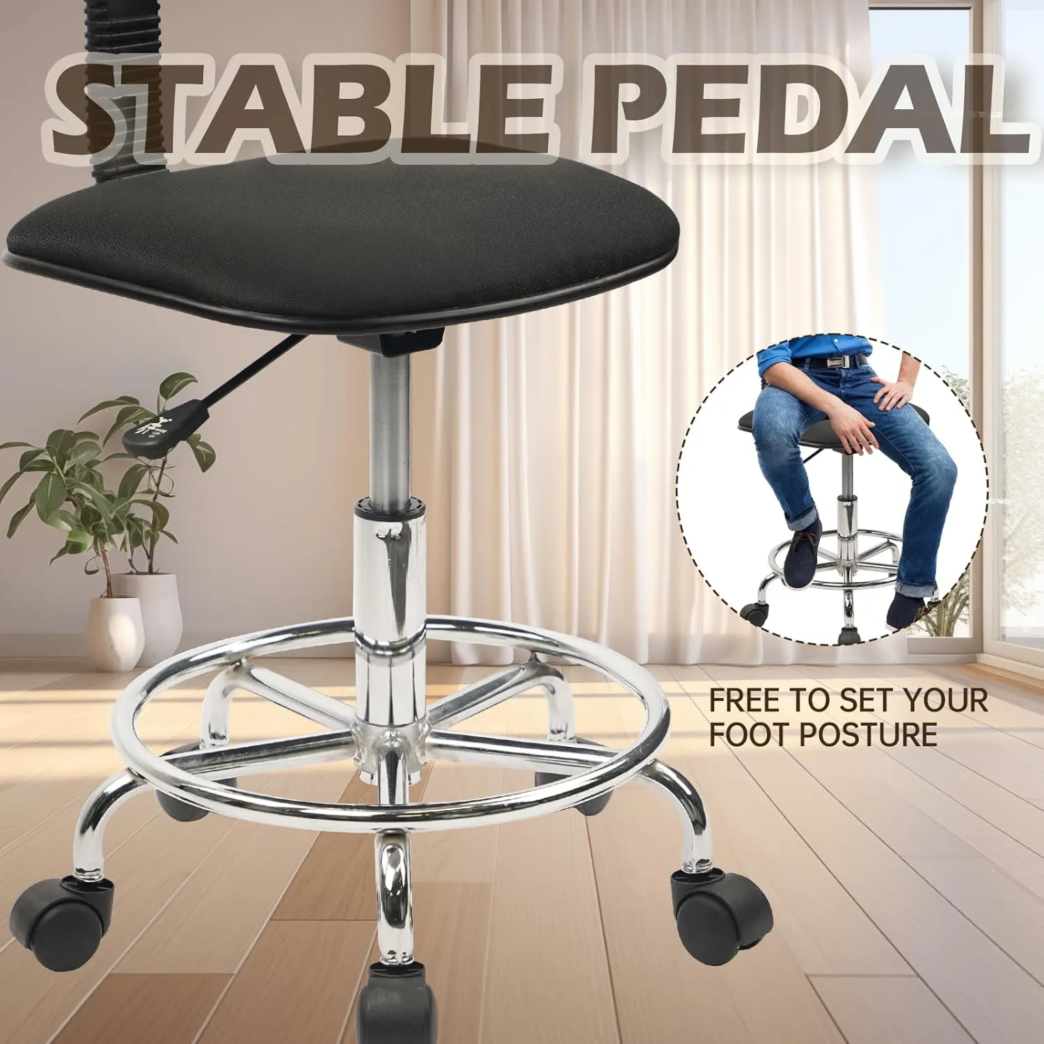 Drafting Chair Rolling Stool Adjustable Height with Back Support Foot Rest and Wheels Multi-Purpose Desk Chair for Home Office Bar Kitchen Shop, Black, 4 Pack