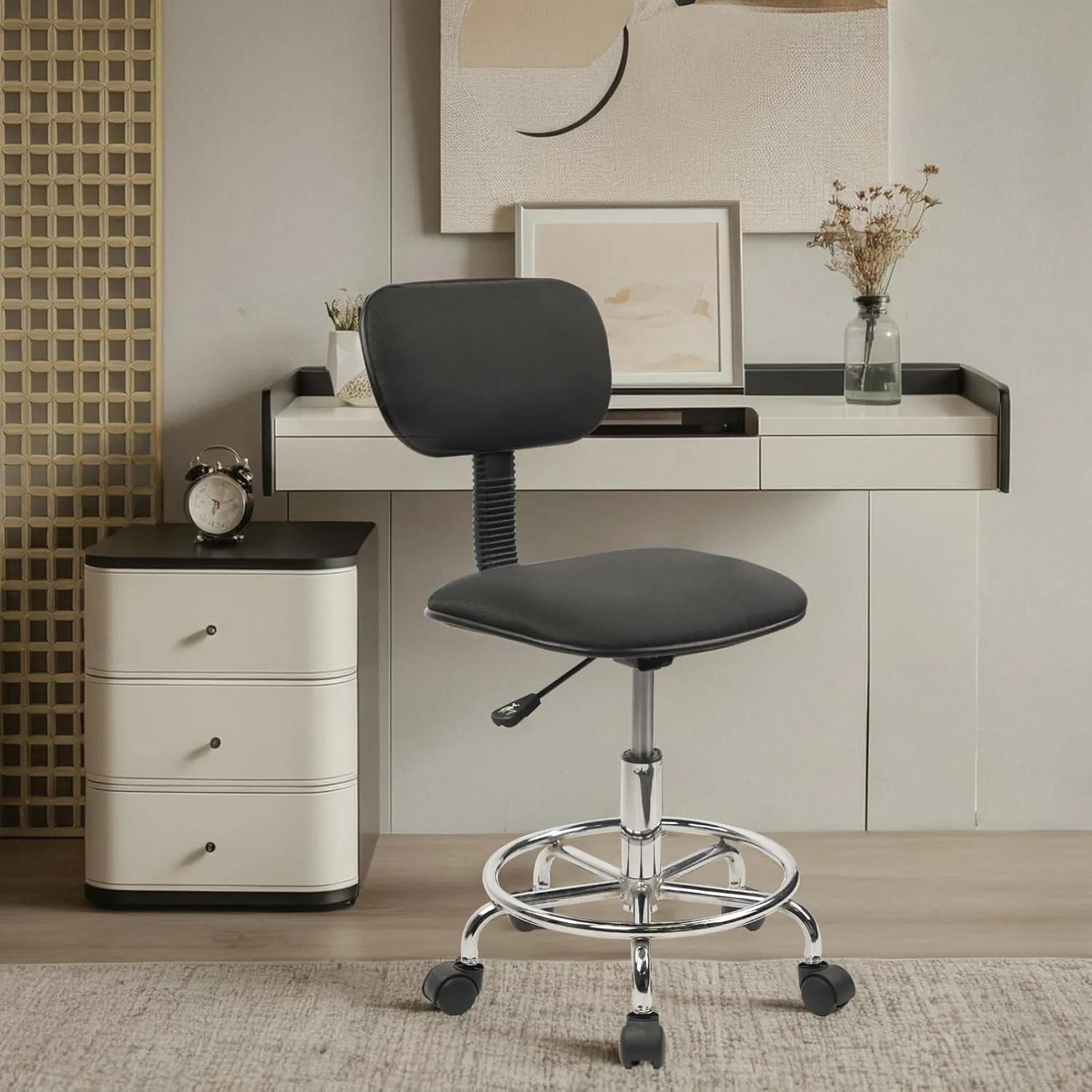 Drafting Chair Rolling Stool Adjustable Height with Back Support Foot Rest and Wheels Multi-Purpose Desk Chair for Home Office Bar Kitchen Shop, Black, 4 Pack