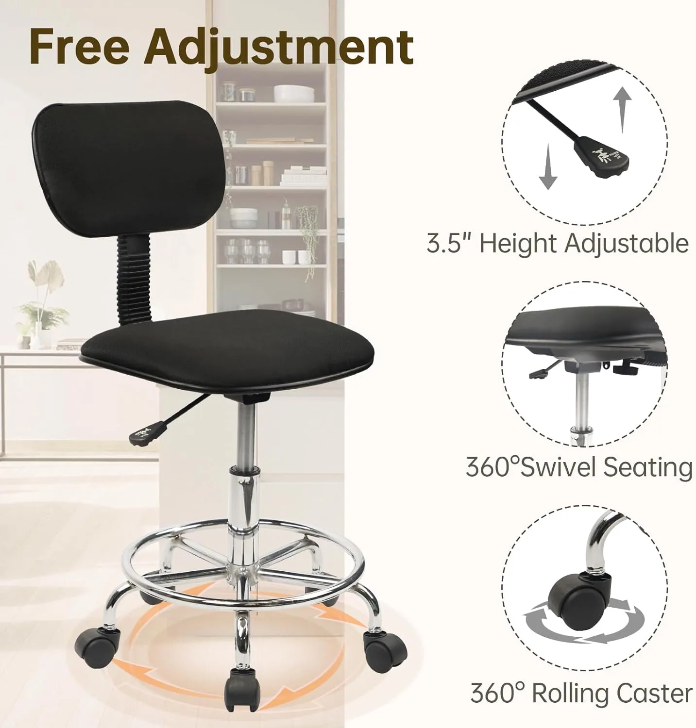 Drafting Chair Rolling Stool Adjustable Height with Back Support Foot Rest and Wheels Multi-Purpose Desk Chair for Home Office Bar Kitchen Shop, Black, 4 Pack