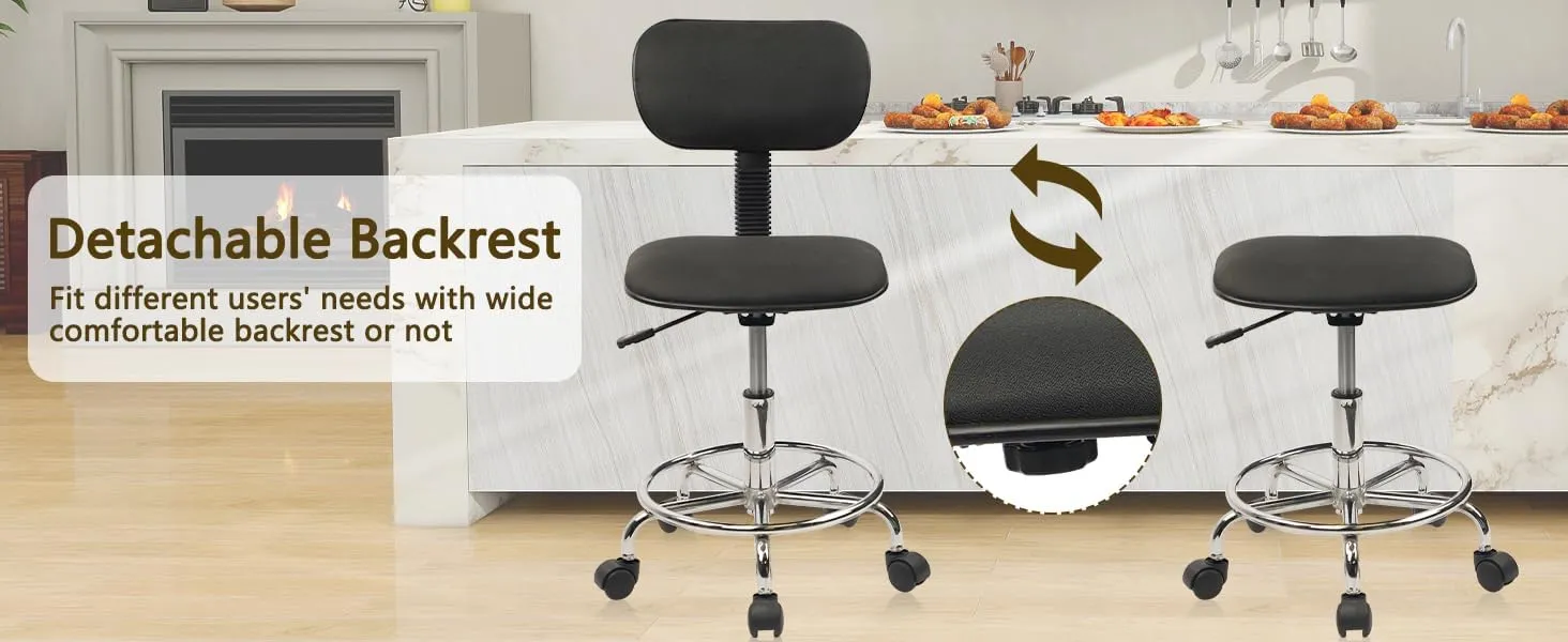 Drafting Chair Rolling Stool Adjustable Height with Back Support Foot Rest and Wheels Multi-Purpose Desk Chair for Home Office Bar Kitchen Shop, Black, 4 Pack