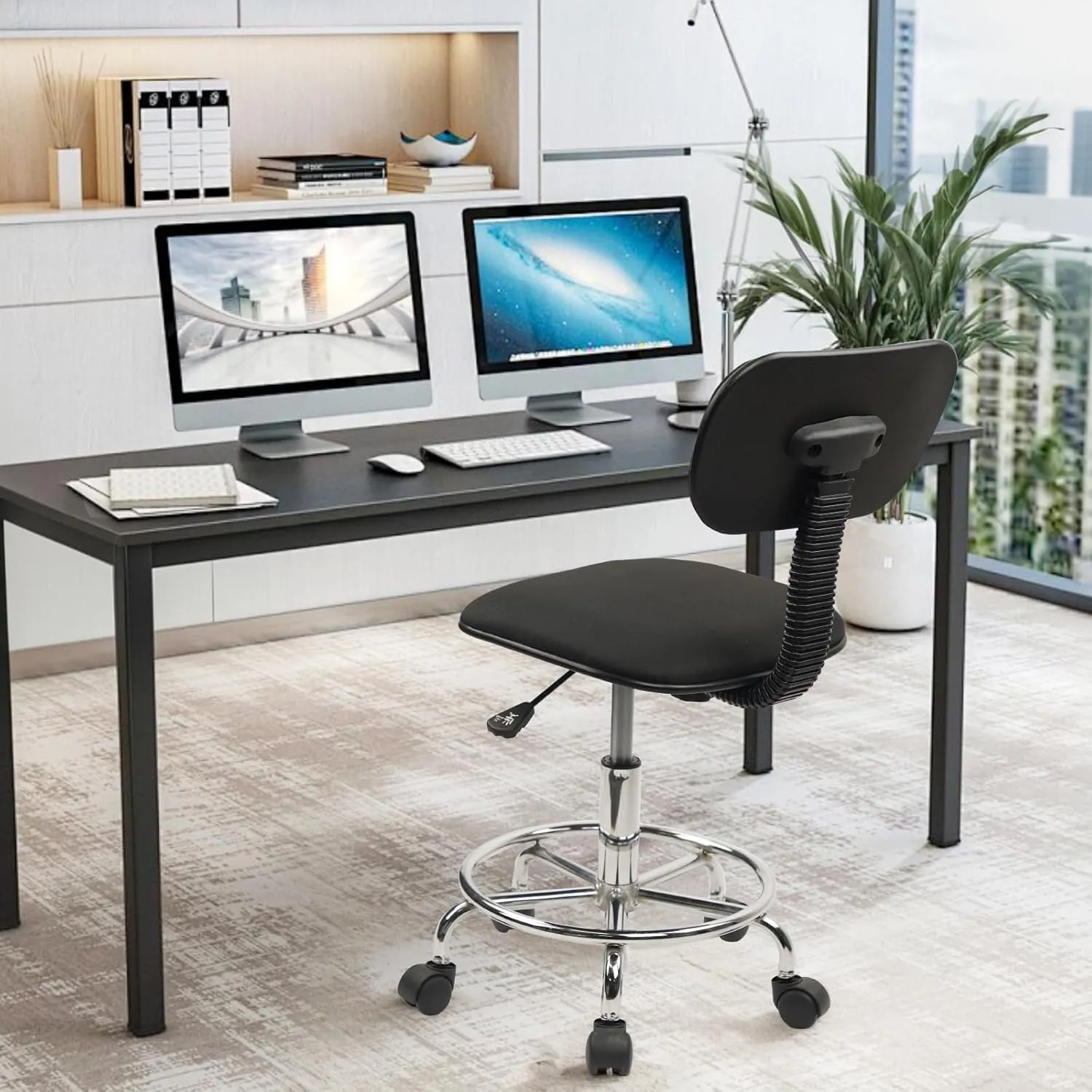 Drafting Chair Rolling Stool Adjustable Height with Back Support Foot Rest and Wheels Multi-Purpose Desk Chair for Home Office Bar Kitchen Shop, Black, 4 Pack