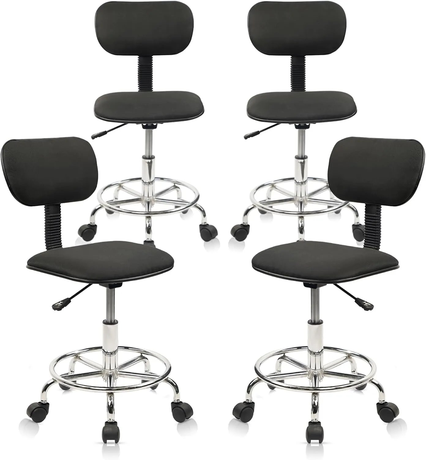 Drafting Chair Rolling Stool Adjustable Height with Back Support Foot Rest and Wheels Multi-Purpose Desk Chair for Home Office Bar Kitchen Shop, Black, 4 Pack