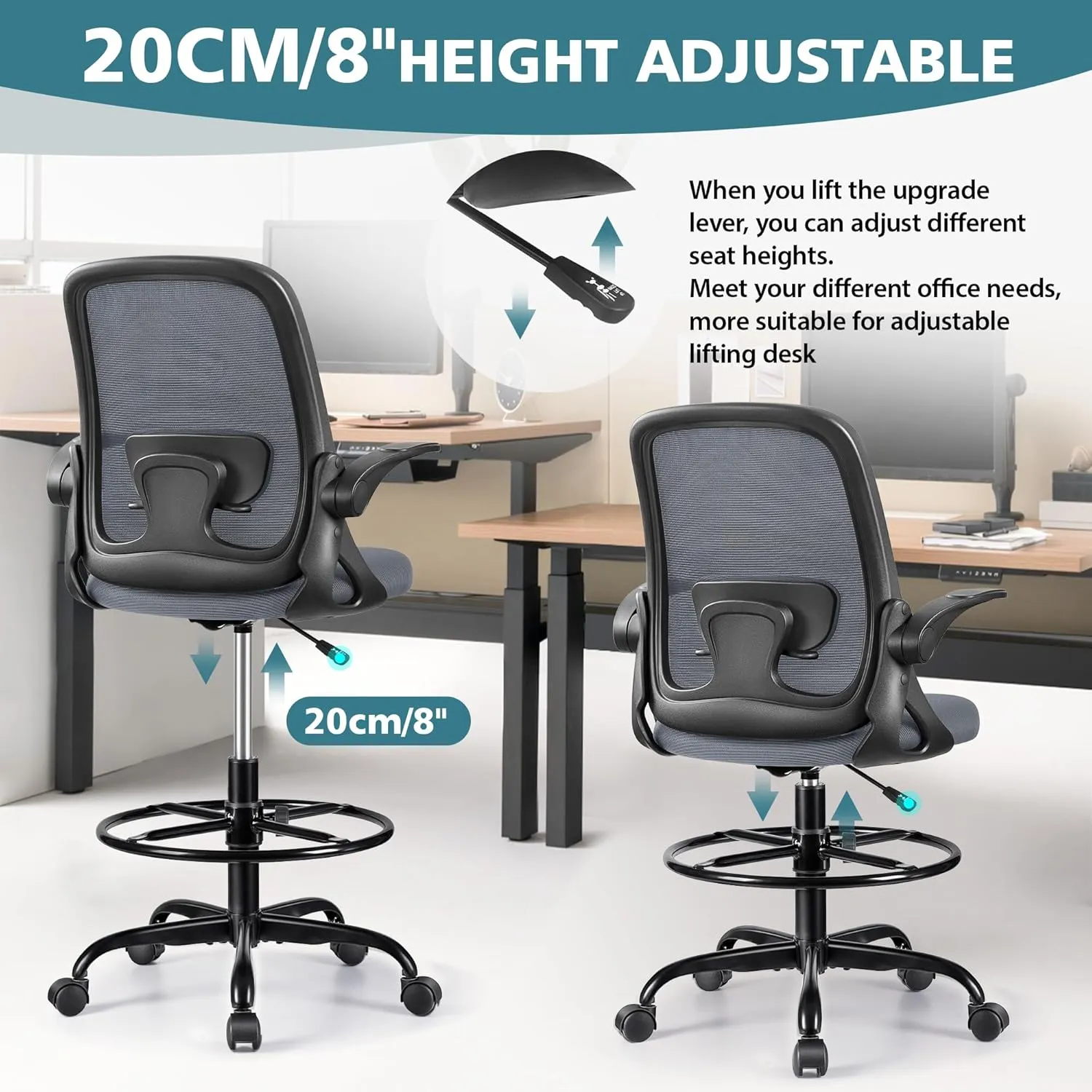 Drafting Chair Tall Office Chair Ergonomic Desk Chairs with Lumbar Support and Flip-up Armrests, Adjustable Height Comfy Computer Chair with Swivel Task and Adjustable Foot Ring(Dark Gray)