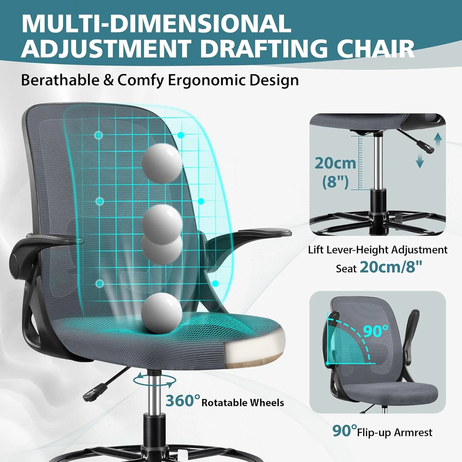 Drafting Chair Tall Office Chair Ergonomic Desk Chairs with Lumbar Support and Flip-up Armrests, Adjustable Height Comfy Computer Chair with Swivel Task and Adjustable Foot Ring(Dark Gray)