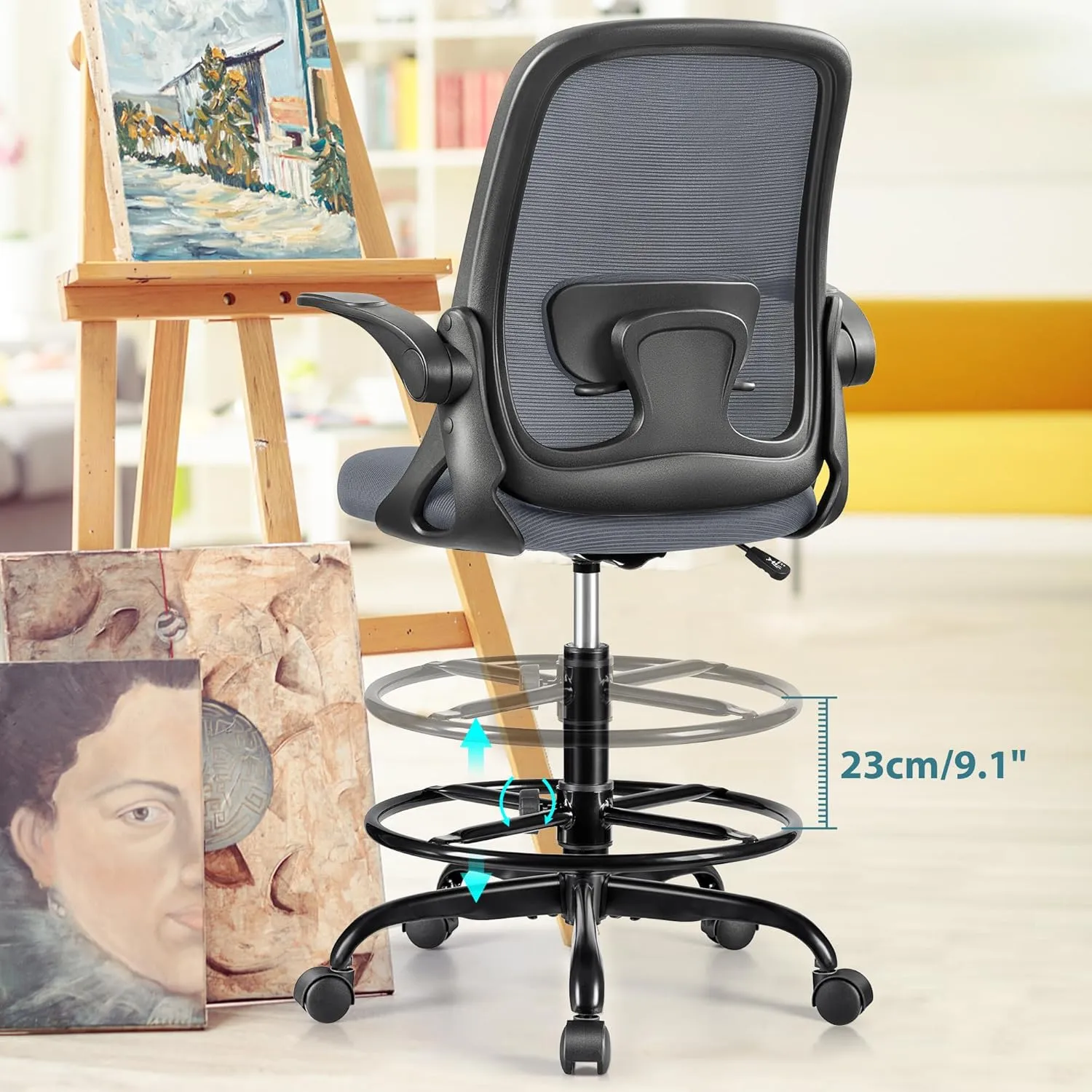 Drafting Chair Tall Office Chair Ergonomic Desk Chairs with Lumbar Support and Flip-up Armrests, Adjustable Height Comfy Computer Chair with Swivel Task and Adjustable Foot Ring(Dark Gray)