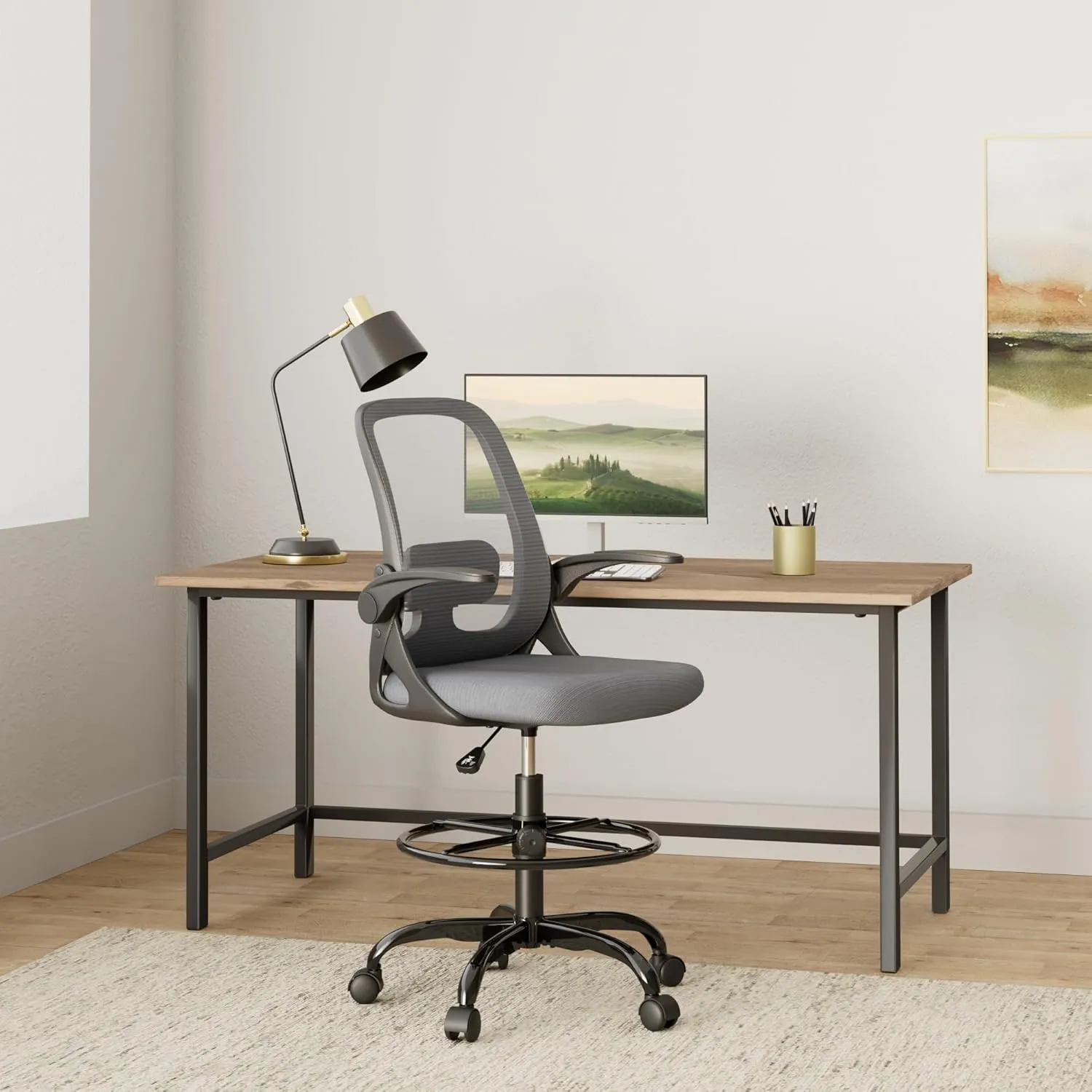Drafting Chair Tall Office Chair Ergonomic Desk Chairs with Lumbar Support and Flip-up Armrests, Adjustable Height Comfy Computer Chair with Swivel Task and Adjustable Foot Ring(Dark Gray)