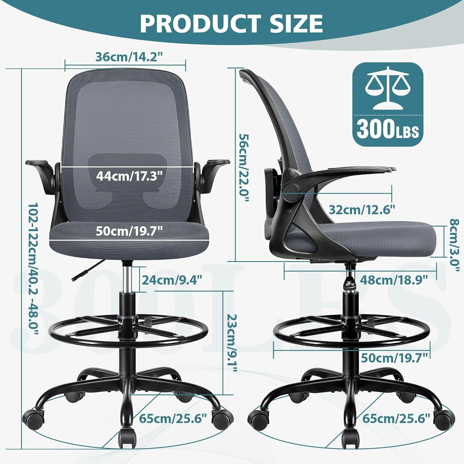 Drafting Chair Tall Office Chair Ergonomic Desk Chairs with Lumbar Support and Flip-up Armrests, Adjustable Height Comfy Computer Chair with Swivel Task and Adjustable Foot Ring(Dark Gray)