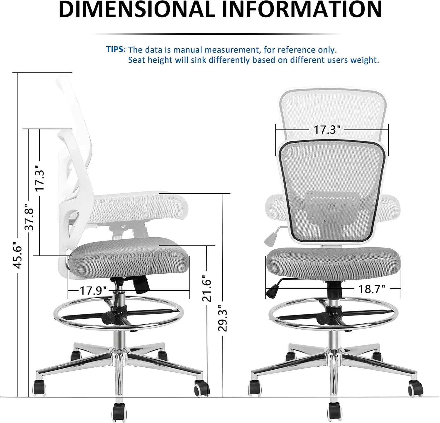 Drafting Chair, Tall Office Chair for Standing Desk, Drafting Stool with Lumbar Support, Adjustable Height and Foot Ring, Grey
