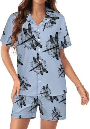 Dragonfly Insect Women's Satin Pajama Set Short Sleeve Button Down Sleepwear Loungewear Pj Set