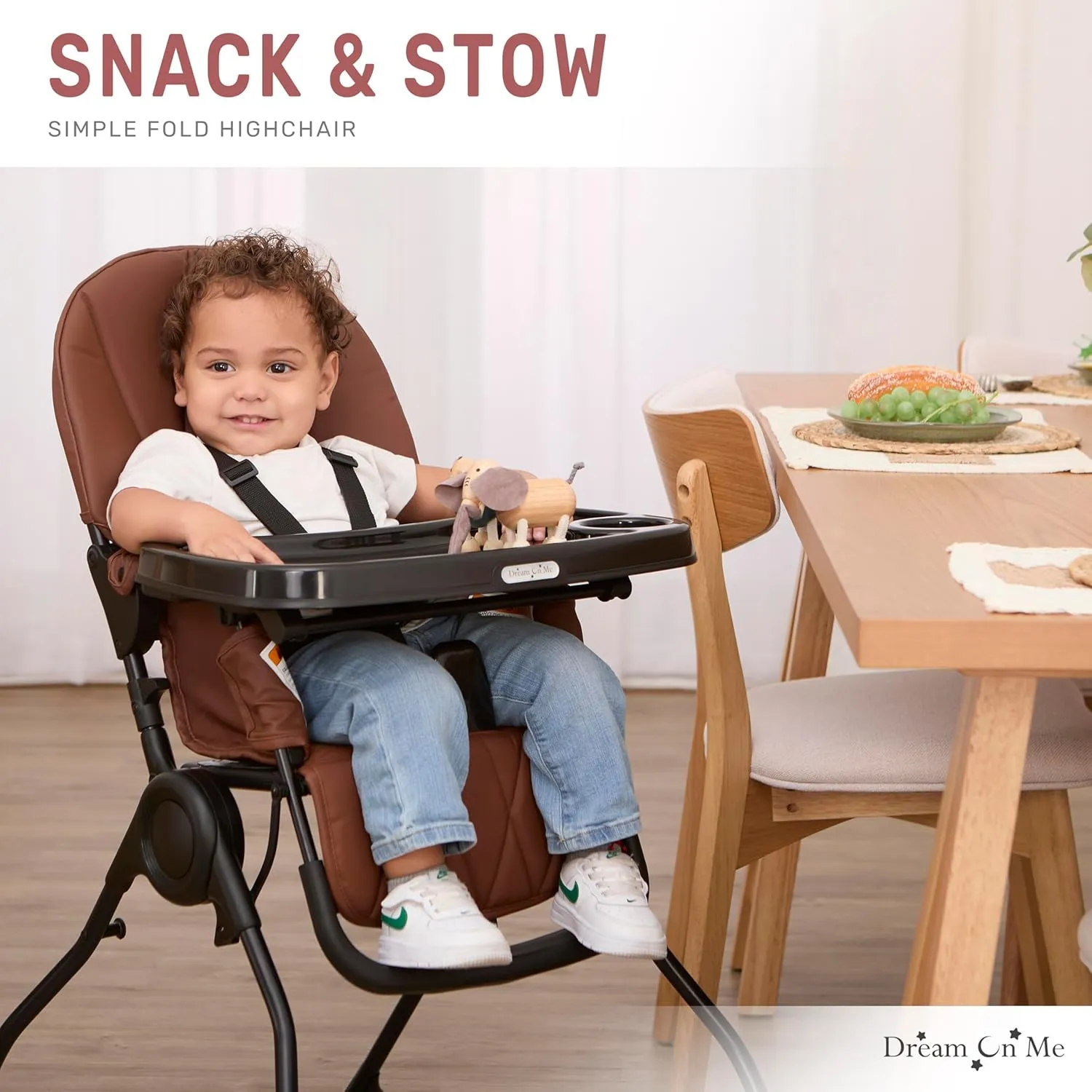 Dream On Me Snack and Stow Baby high Chair in Cognac, Easy to fold and Store Travel high Chair, Removable and Three Position Adjustable Tray Portable high Chair