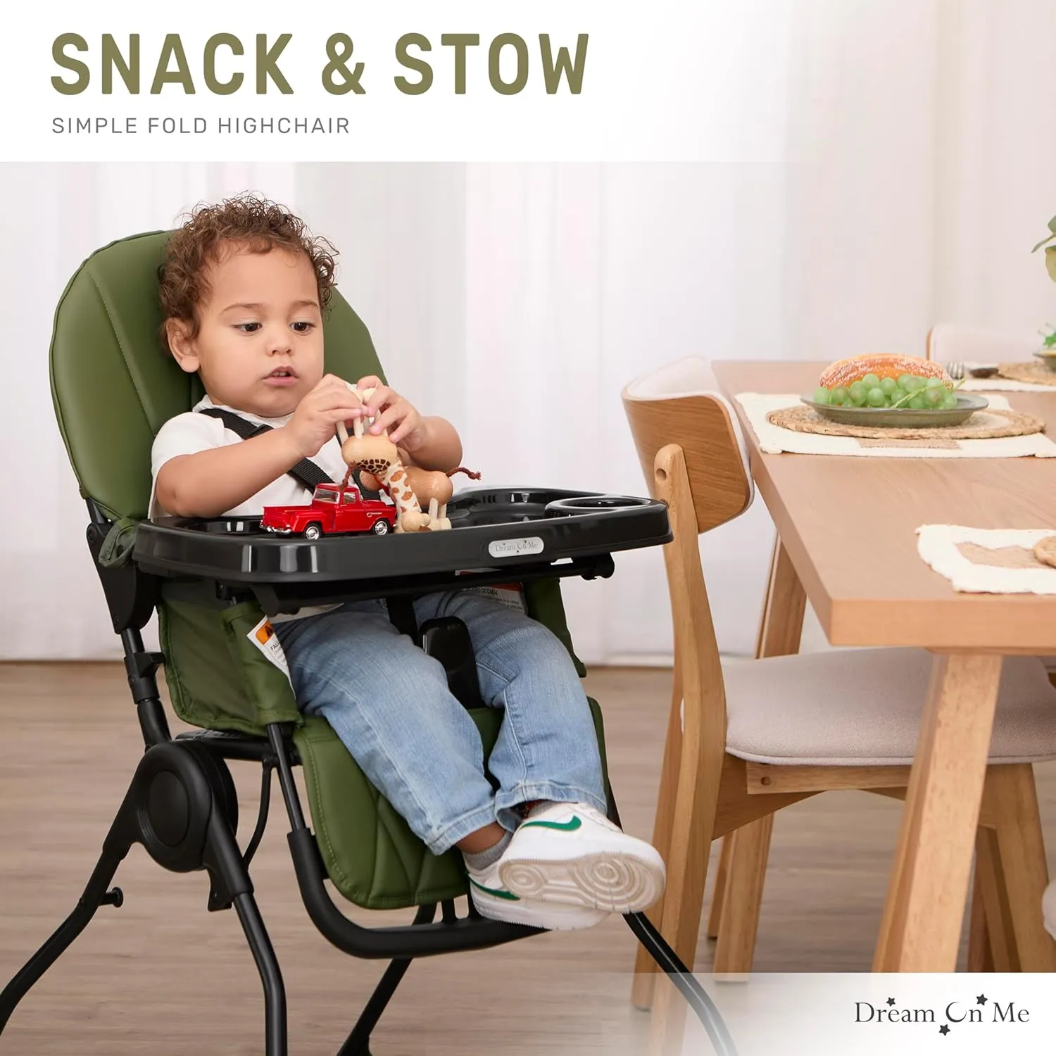Dream On Me Snack and Stow Baby High Chair in Olive - Easy to Fold and Store, Portable Travel Chair With Removable and Three Position Adjustable Tray