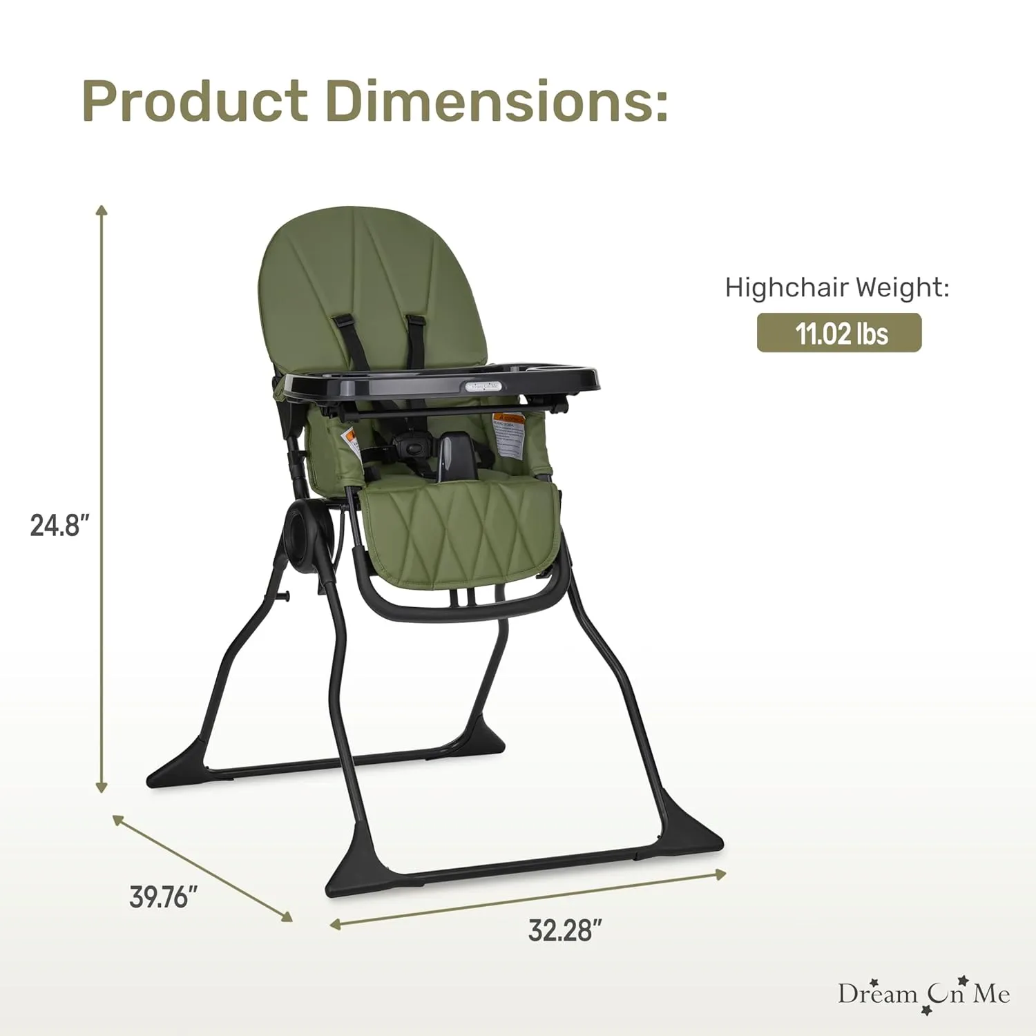 Dream On Me Snack and Stow Baby High Chair in Olive - Easy to Fold and Store, Portable Travel Chair With Removable and Three Position Adjustable Tray
