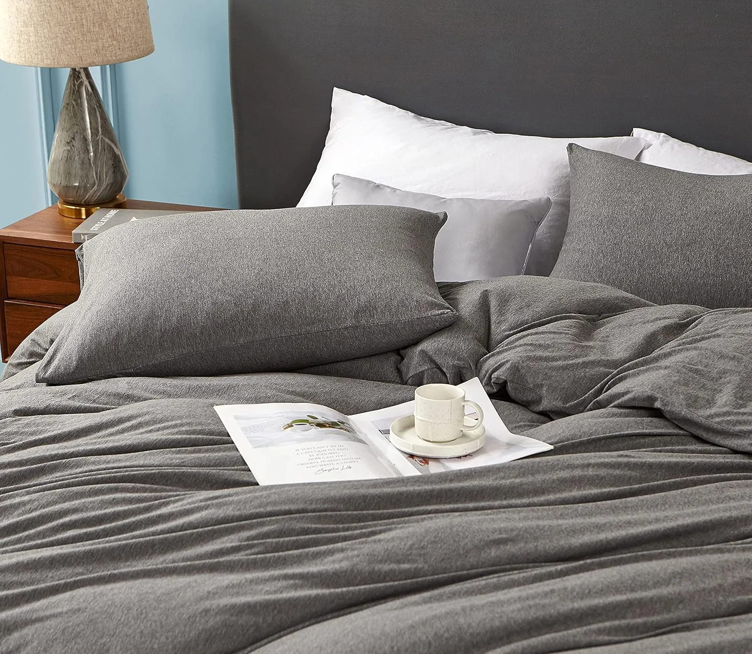 Dream Sunset 100% Cotton Jersey Knit Duvet Cover Set, Twin Size/Twin XL, Heather Dark Grey, Breathable Super Soft Skin Friendly Like T-Shirt ，Zipper Closure,1 Duvet Cover   1 Pillow Case