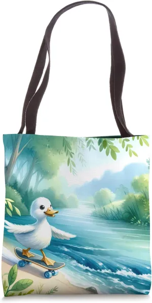 Duck Skateboarding Down Riverbank, Tranquil River. Humorous Tote Bag