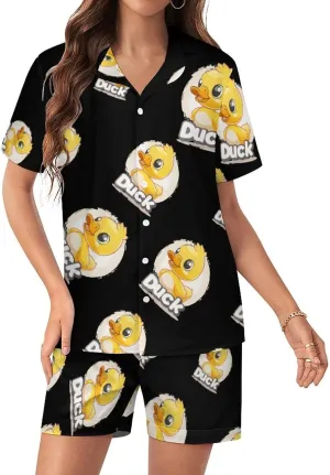 Duck Women's Satin Pajama Set Short Sleeve Button Down Sleepwear Loungewear Pj Set