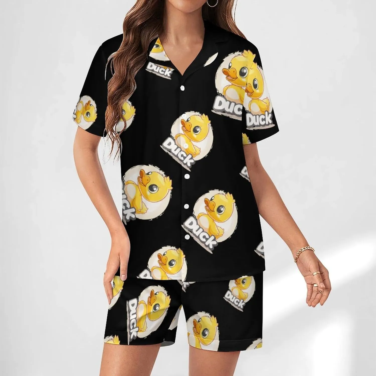 Duck Women's Satin Pajama Set Short Sleeve Button Down Sleepwear Loungewear Pj Set