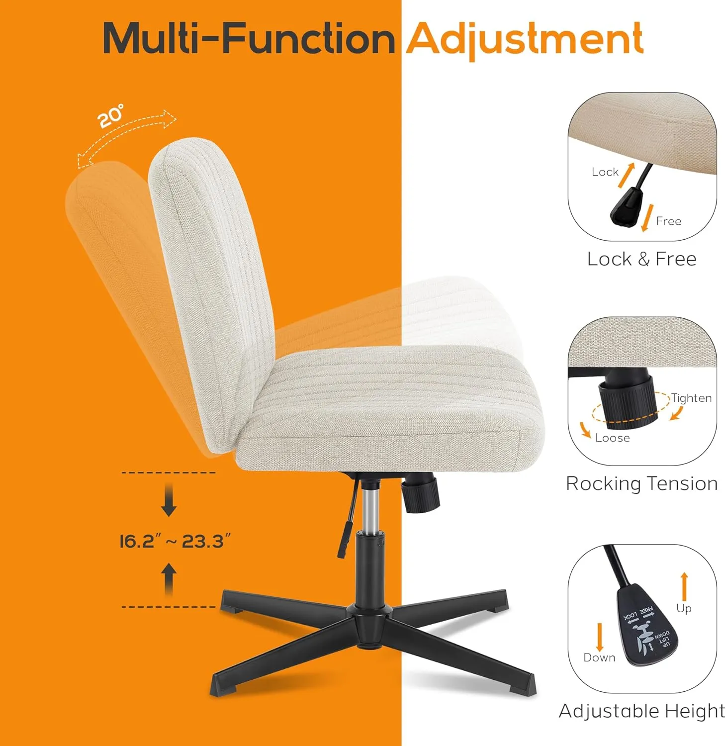 DUMOS Criss Cross Chair Legged Office Wide Comfy Desk Seat, No Wheels Armless Computer Task Seating, Swivel Vanity Home Height Adjustable