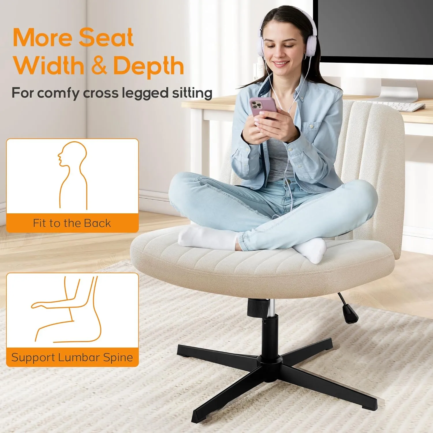 DUMOS Criss Cross Chair Legged Office Wide Comfy Desk Seat, No Wheels Armless Computer Task Seating, Swivel Vanity Home Height Adjustable