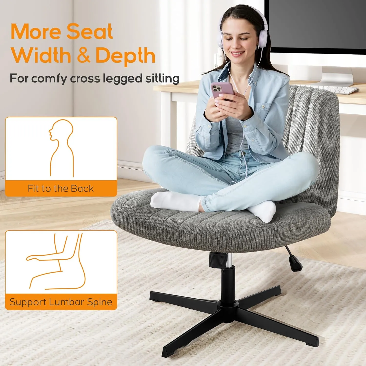 DUMOS Criss Cross Chair Legged Office Wide Comfy Desk Seat, No Wheels Armless Computer Task Seating, Swivel Vanity Home Height Adjustable
