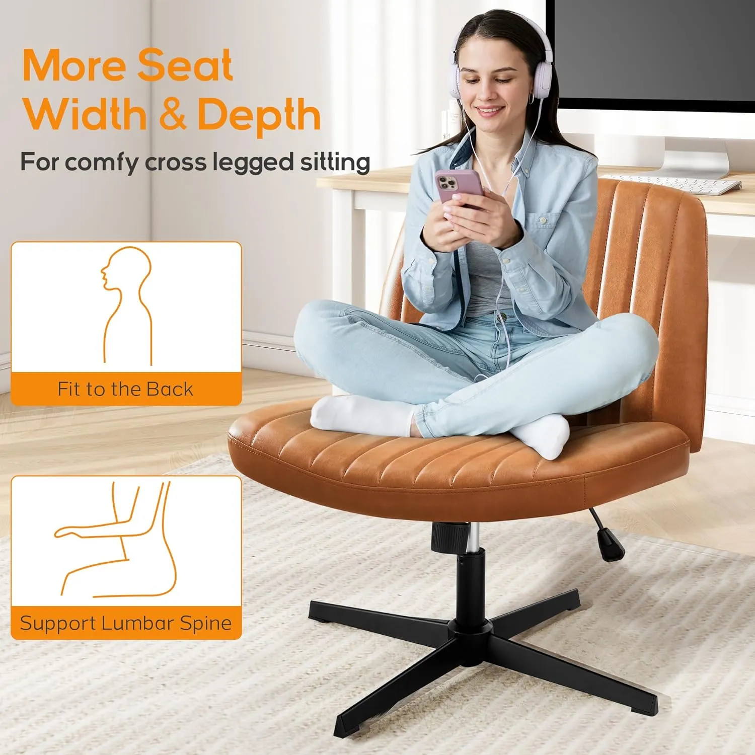 DUMOS Criss Cross Chair Legged Office Wide Comfy Desk Seat, No Wheels Armless Computer Task Seating, Swivel Vanity Home Height Adjustable