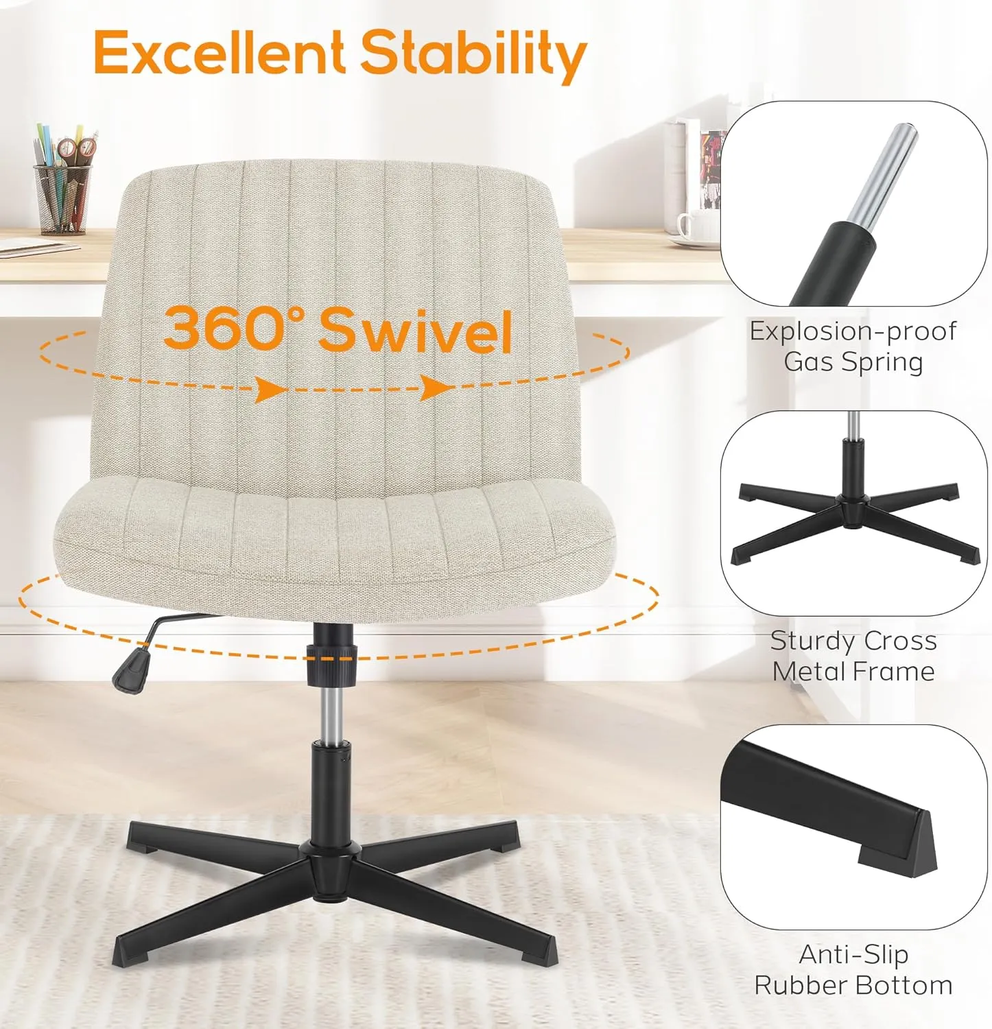 DUMOS Criss Cross Chair Legged Office Wide Comfy Desk Seat, No Wheels Armless Computer Task Seating, Swivel Vanity Home Height Adjustable