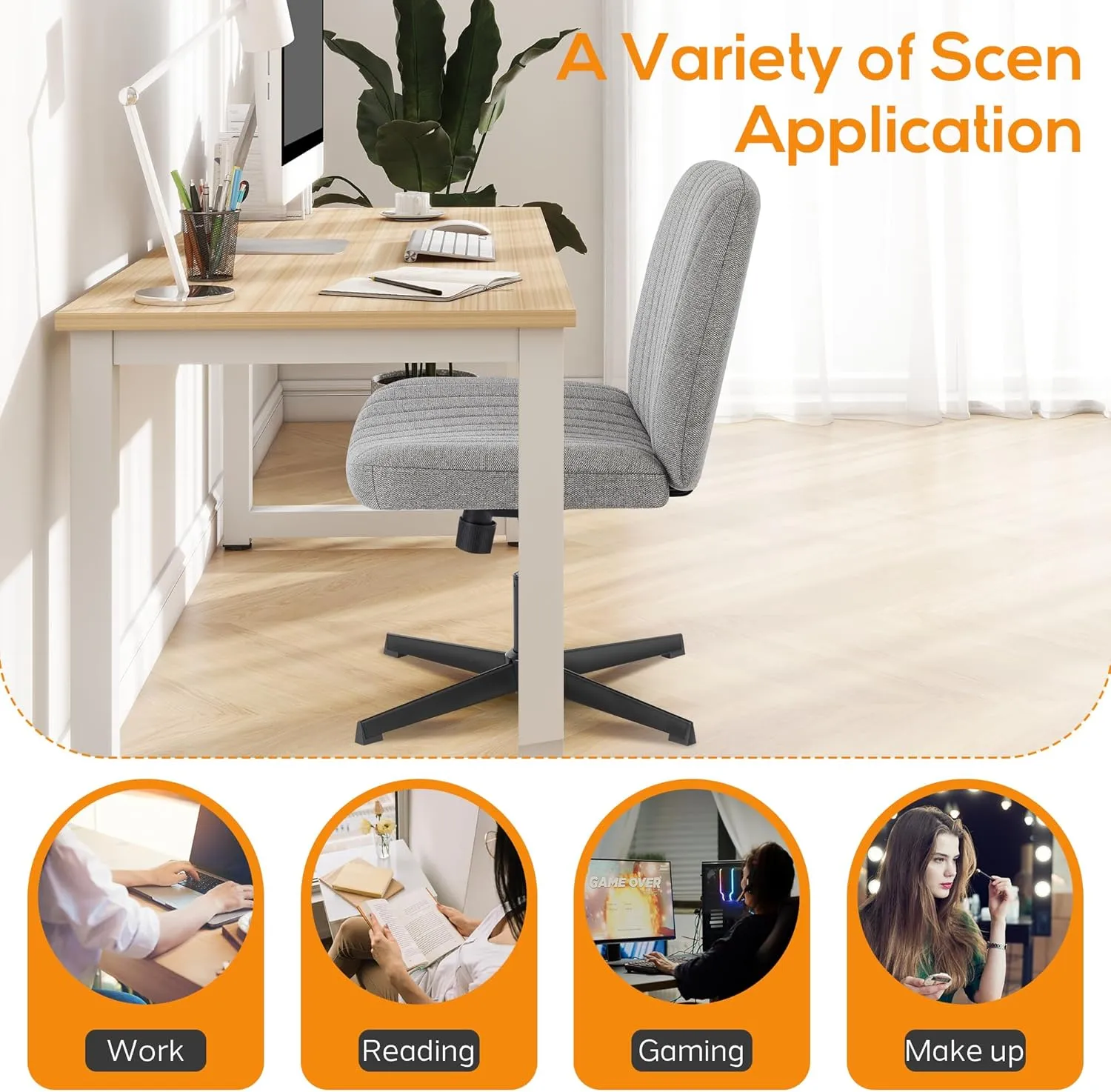 DUMOS Criss Cross Chair Legged Office Wide Comfy Desk Seat, No Wheels Armless Computer Task Seating, Swivel Vanity Home Height Adjustable