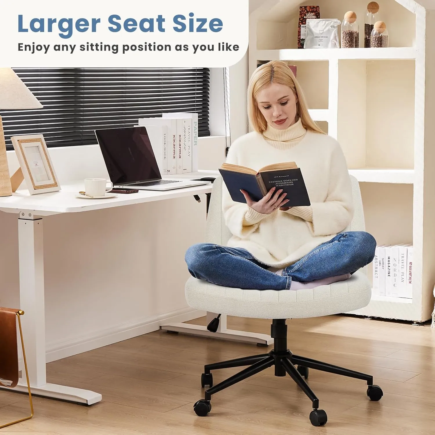 DUMOS Criss Cross Chair with Wheels, Legged Office Armless Wide Desk Seat Dual-Purpose Base, Adjustable Swivel Fabric Task Vanity Home Office Desk Seating