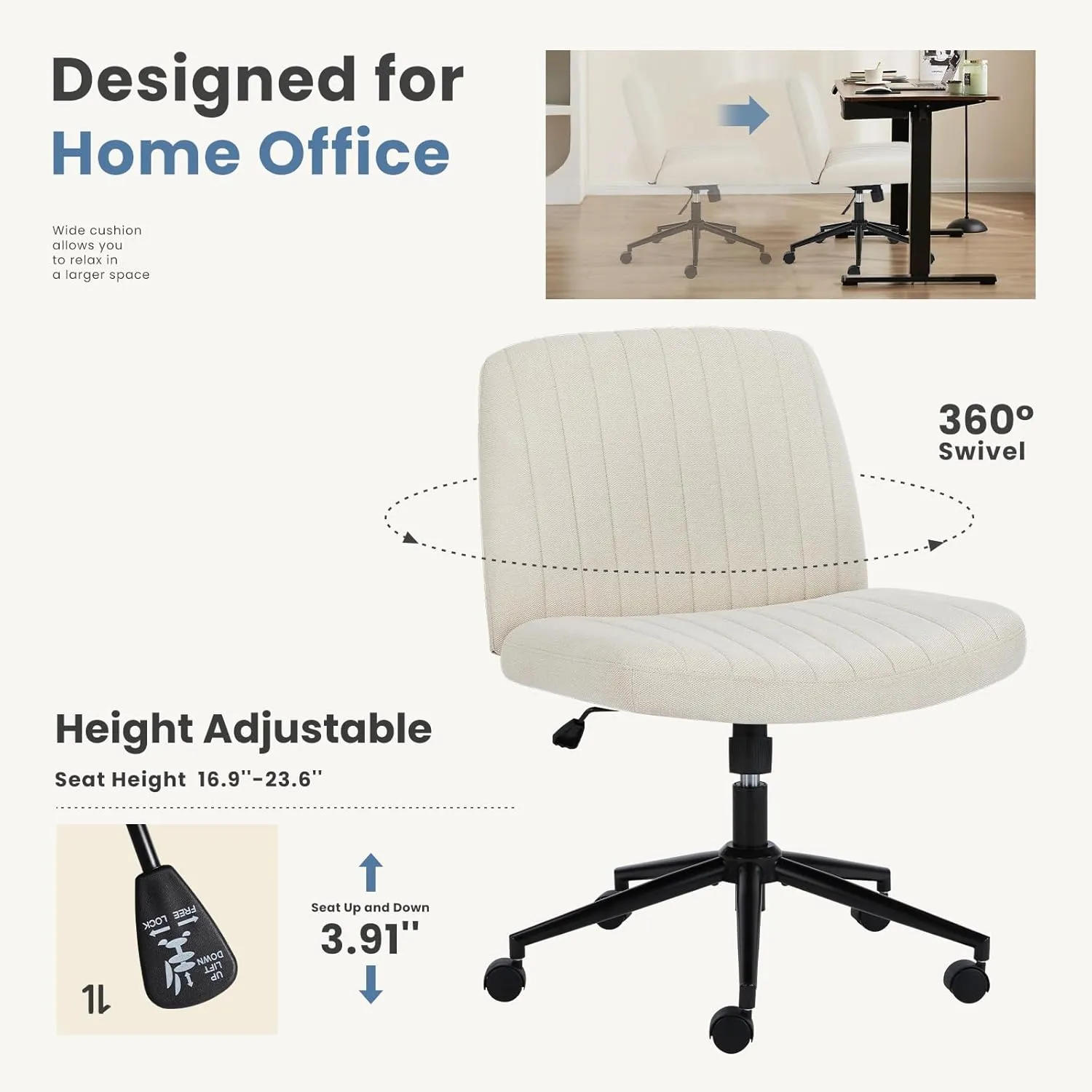 DUMOS Criss Cross Chair with Wheels, Legged Office Armless Wide Desk Seat Dual-Purpose Base, Adjustable Swivel Fabric Task Vanity Home Office Desk Seating