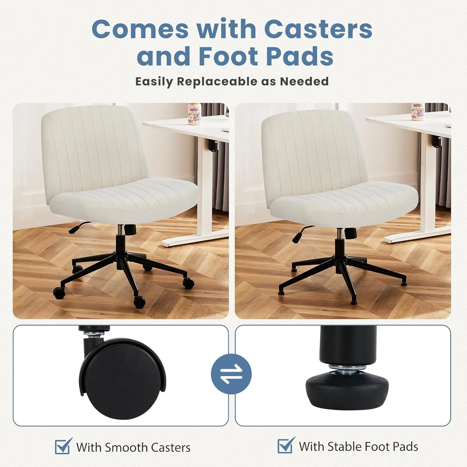 DUMOS Criss Cross Chair with Wheels, Legged Office Armless Wide Desk Seat Dual-Purpose Base, Adjustable Swivel Fabric Task Vanity Home Office Desk Seating
