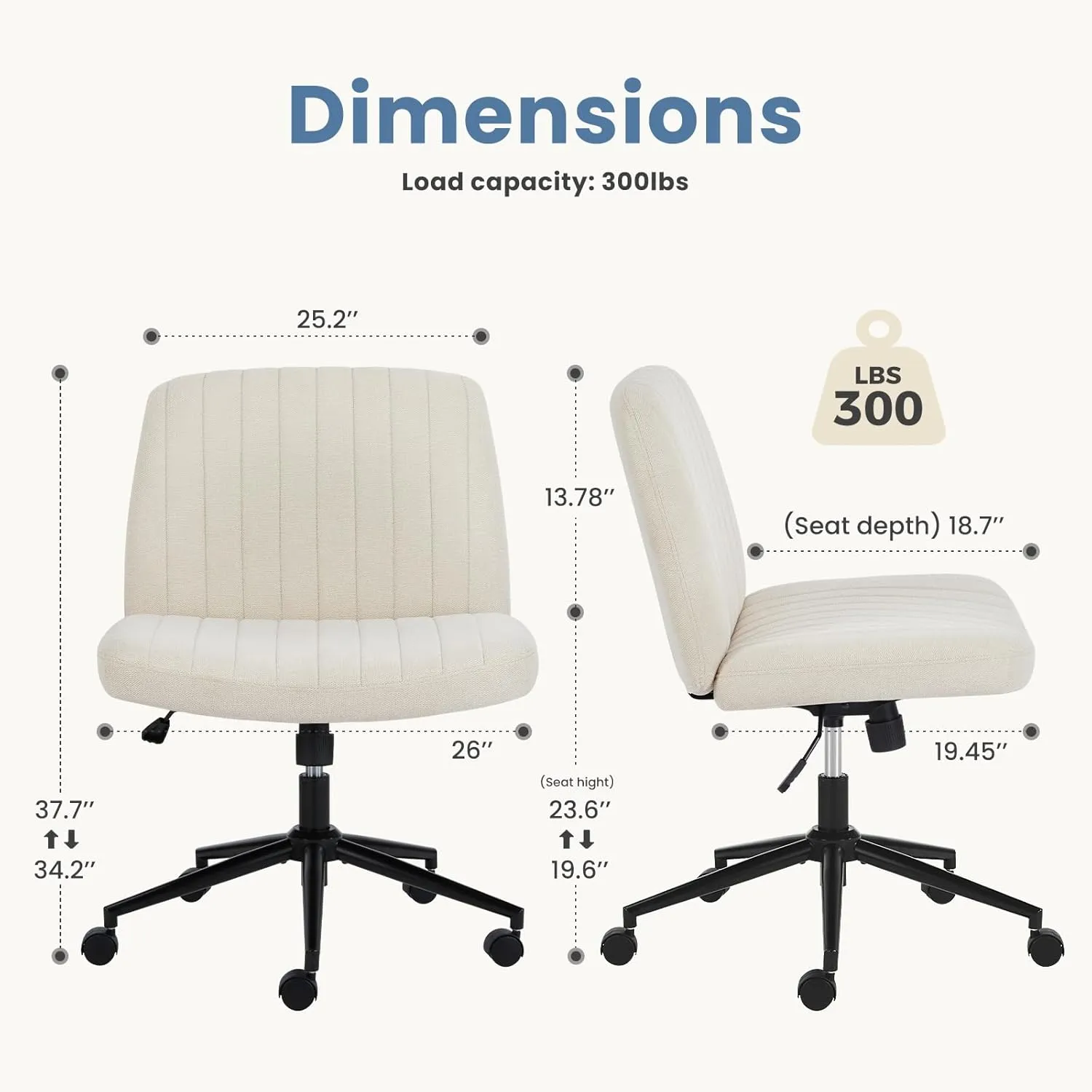 DUMOS Criss Cross Chair with Wheels, Legged Office Armless Wide Desk Seat Dual-Purpose Base, Adjustable Swivel Fabric Task Vanity Home Office Desk Seating