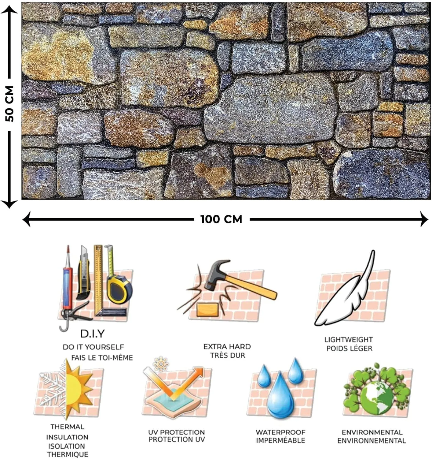 Dundee Deco 3D Wall Panels - Cladding, Periwinkle Ginger Stone Look Wall Paneling, Styrofoam Facing for Interior and Exterior Applications, DIY, Set of 10, Covers 54 sq ft