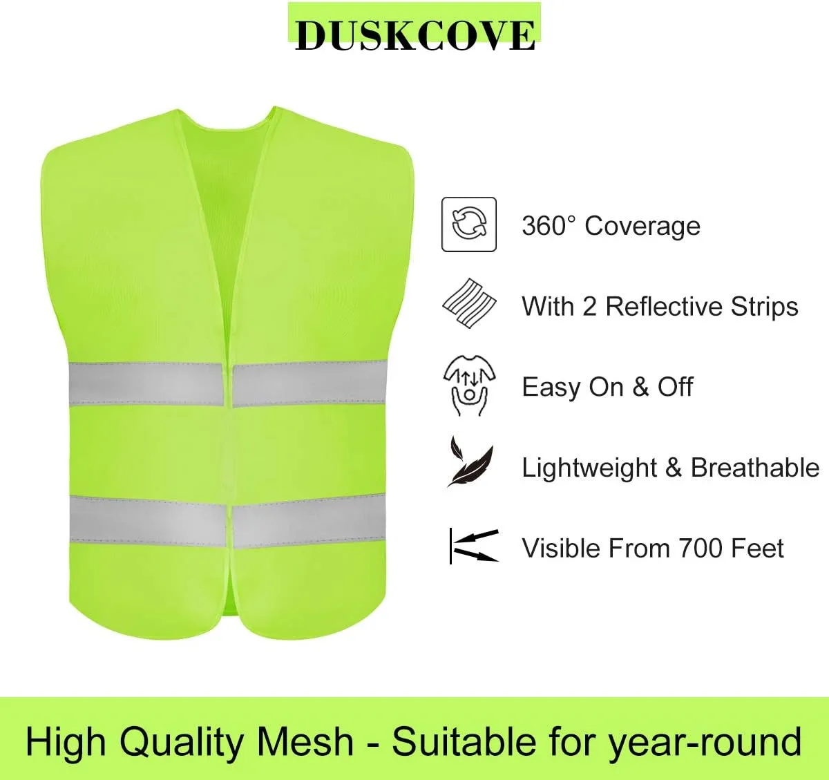 DUSKCOVE 10 Pack High Visibility Safety Vest for Traffic Work, Running, Surveyor and Security Guard - Construction Vest with 2 Reflective Strips, Made from Breathable and Neon Yellow Mesh Fabric