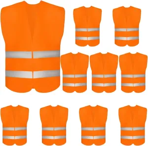 DUSKCOVE 10 Pack High Visibility Safety Vests with 2 Hi Vis Reflective Strips for Men and Women - Neon Orange Construction Vests for Traffic Work, Running, Surveyor and Security Guard