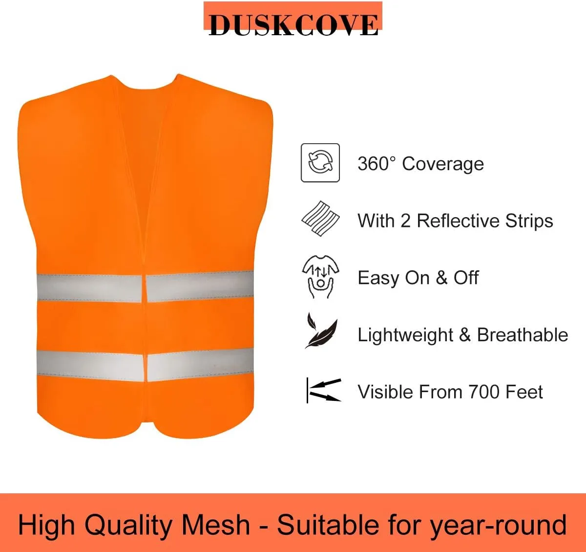 DUSKCOVE 10 Pack High Visibility Safety Vests with 2 Hi Vis Reflective Strips for Men and Women - Neon Orange Construction Vests for Traffic Work, Running, Surveyor and Security Guard