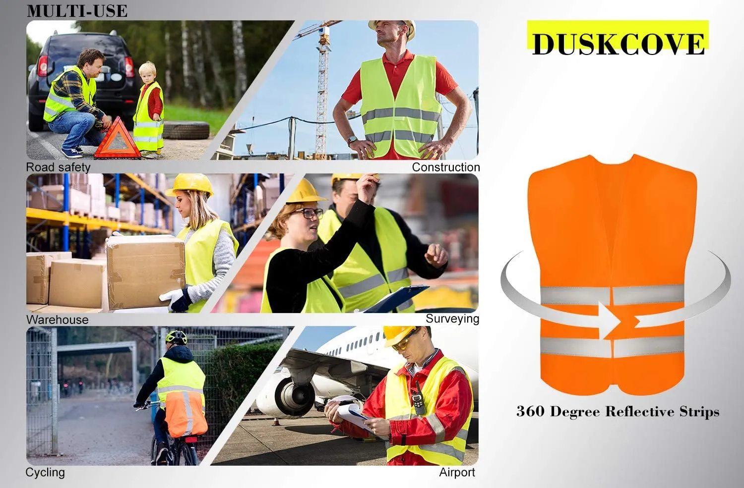 DUSKCOVE 10 Pack High Visibility Safety Vests with 2 Hi Vis Reflective Strips for Men and Women - Neon Orange Construction Vests for Traffic Work, Running, Surveyor and Security Guard