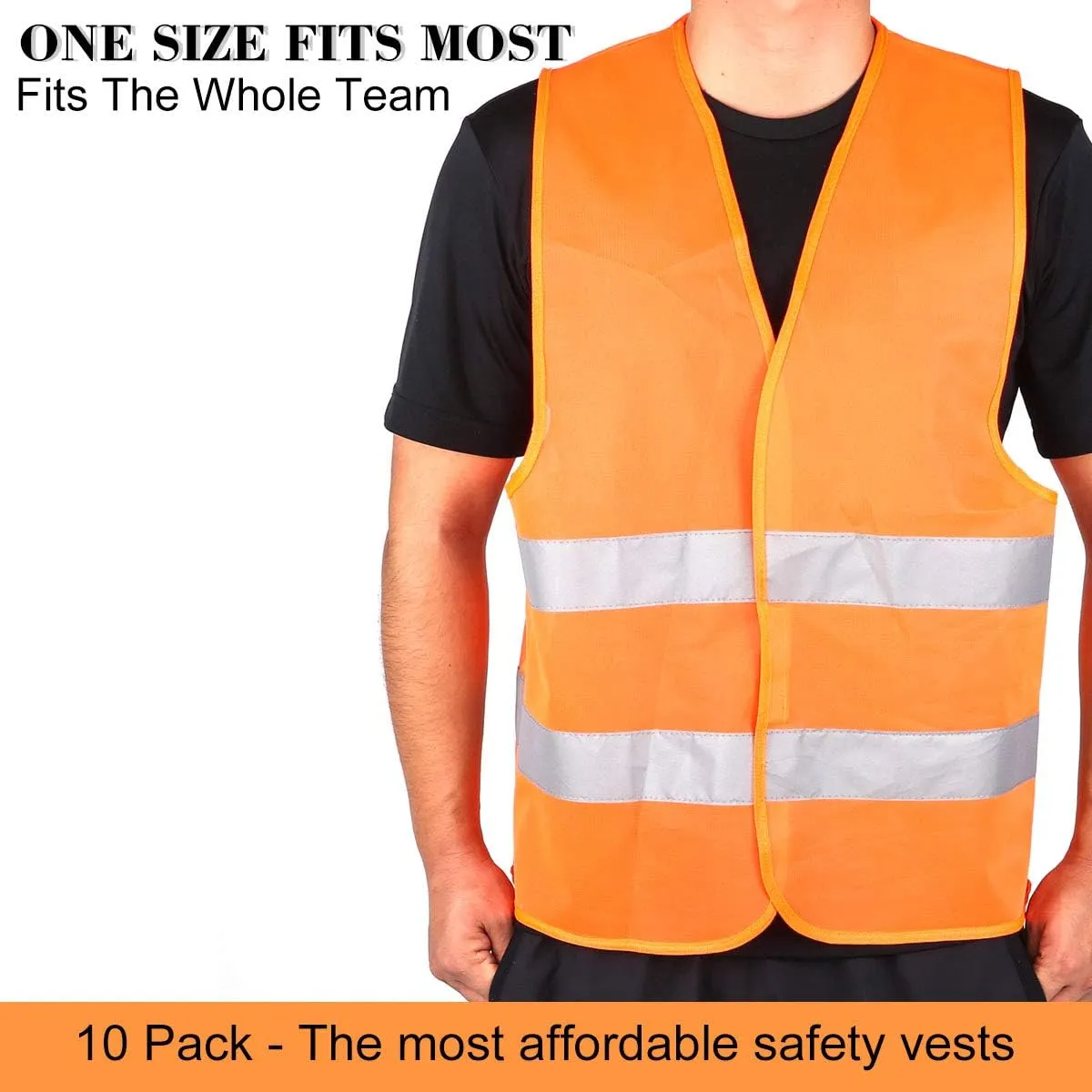 DUSKCOVE 10 Pack High Visibility Safety Vests with 2 Hi Vis Reflective Strips for Men and Women - Neon Orange Construction Vests for Traffic Work, Running, Surveyor and Security Guard