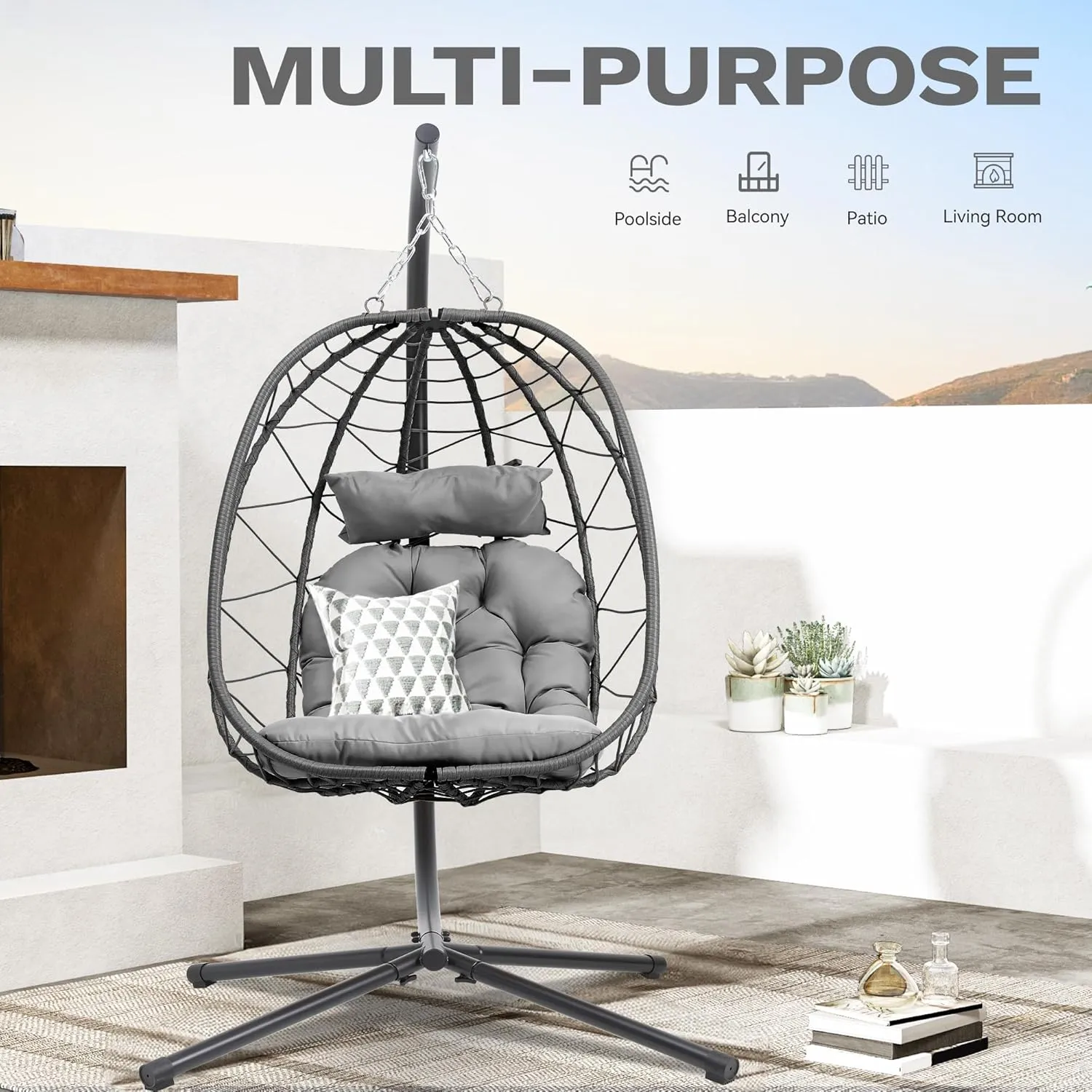 DWVO Egg Hanging Swing Chair with Stand Egg Chair Wicker Egg Chair with Cushions 330lbs for Patio, Bedroom, Garden and Balcony, Dark Gray