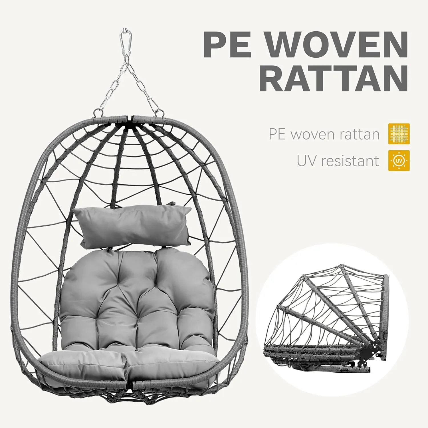 DWVO Egg Hanging Swing Chair with Stand Egg Chair Wicker Egg Chair with Cushions 330lbs for Patio, Bedroom, Garden and Balcony, Dark Gray