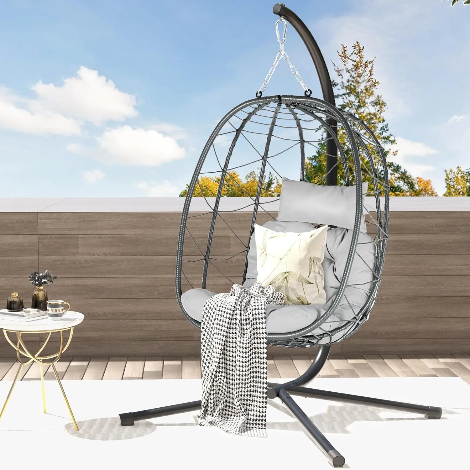 DWVO Egg Hanging Swing Chair with Stand Egg Chair Wicker Egg Chair with Cushions 330lbs for Patio, Bedroom, Garden and Balcony, Gray