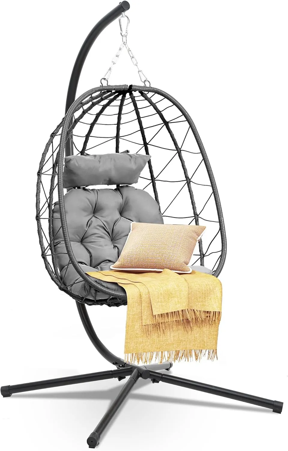 DWVO Egg Hanging Swing Chair with Stand Egg Chair Wicker Egg Chair with Cushions 330lbs for Patio, Bedroom, Garden and Balcony, Gray