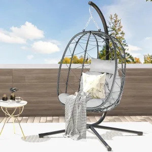 DWVO Egg Hanging Swing Chair with Stand Egg Chair Wicker Egg Chair with Cushions 330lbs for Patio, Bedroom, Garden and Balcony, Gray