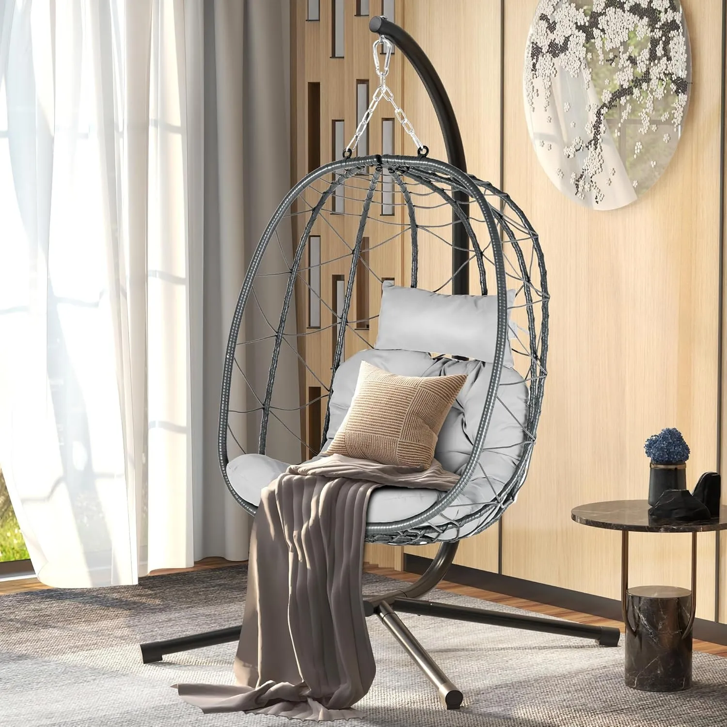 DWVO Egg Hanging Swing Chair with Stand Egg Chair Wicker Egg Chair with Cushions 330lbs for Patio, Bedroom, Garden and Balcony, Gray