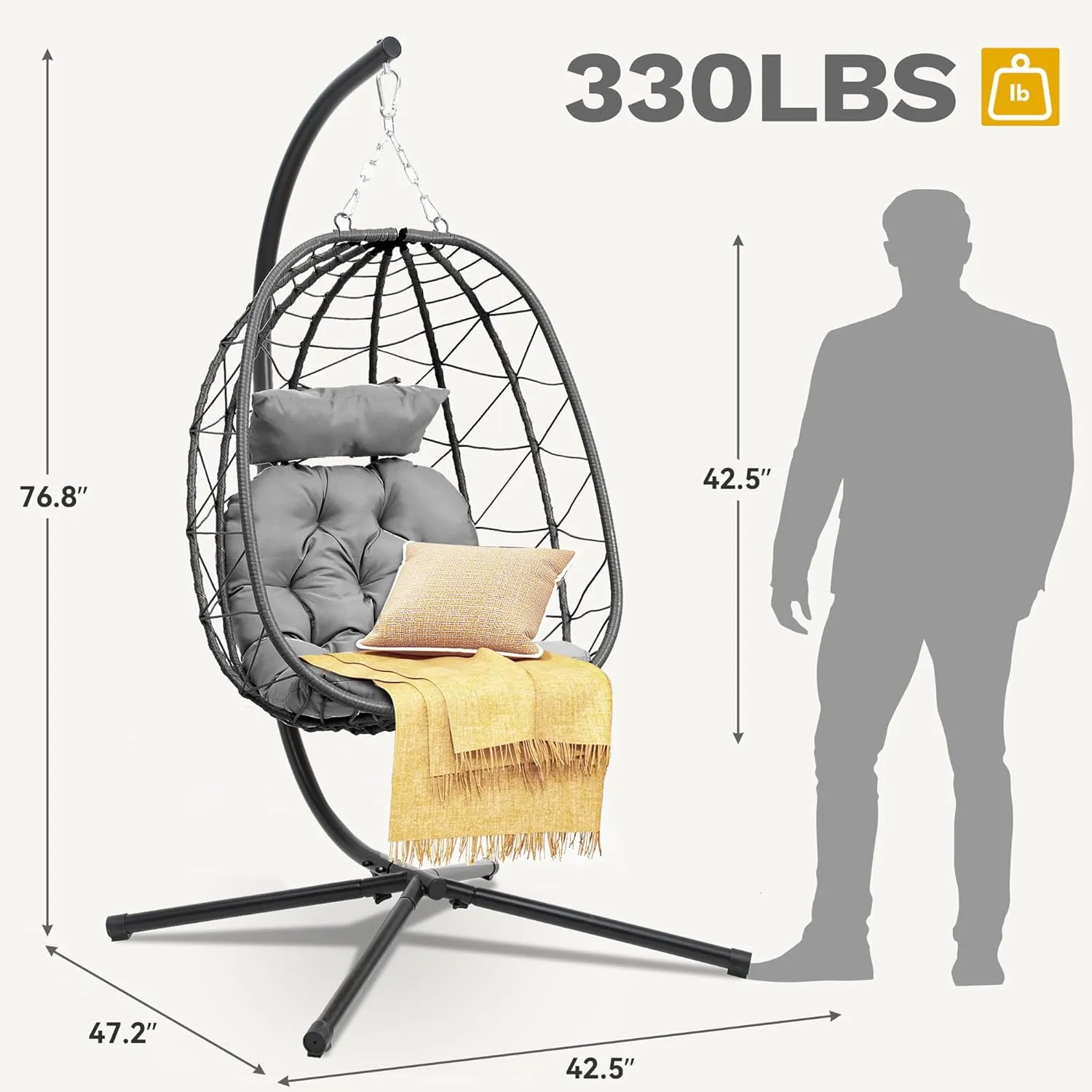 DWVO Egg Hanging Swing Chair with Stand Egg Chair Wicker Egg Chair with Cushions 330lbs for Patio, Bedroom, Garden and Balcony, Gray