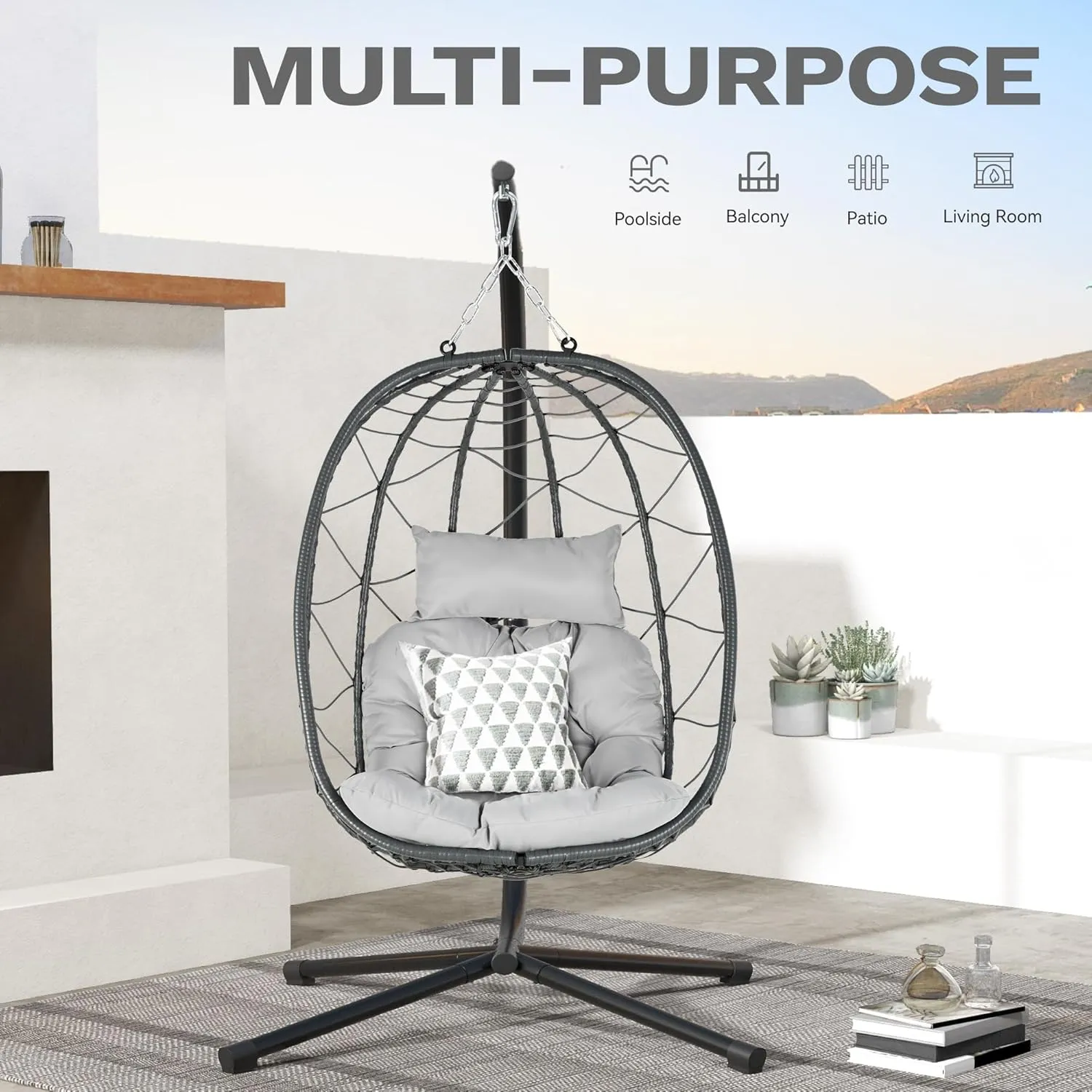 DWVO Egg Hanging Swing Chair with Stand Egg Chair Wicker Egg Chair with Cushions 330lbs for Patio, Bedroom, Garden and Balcony, Gray