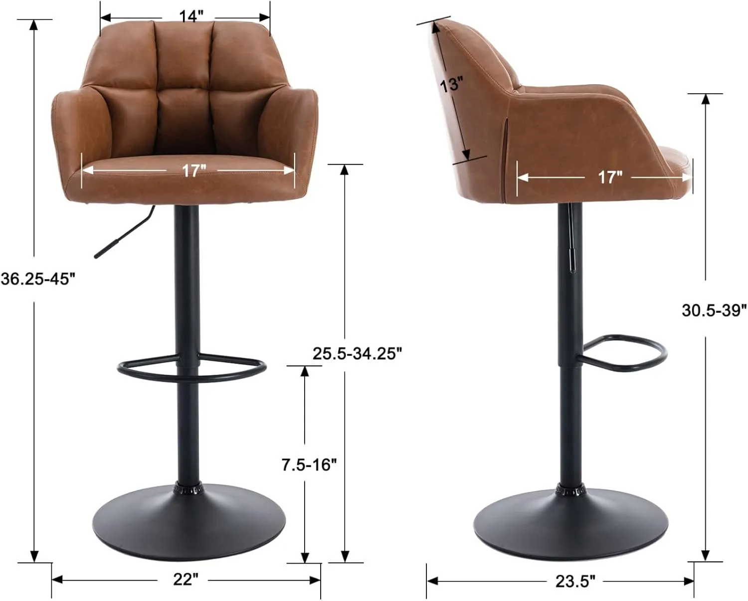 EALSON Modern Swivel Bar Stools Set of 2 Leather Counter Height Barstools with Back and Arms Adjustable Bar Stool Chairs with Metal Base for Kitchen Island/Home Bar/Dining Room, Brown