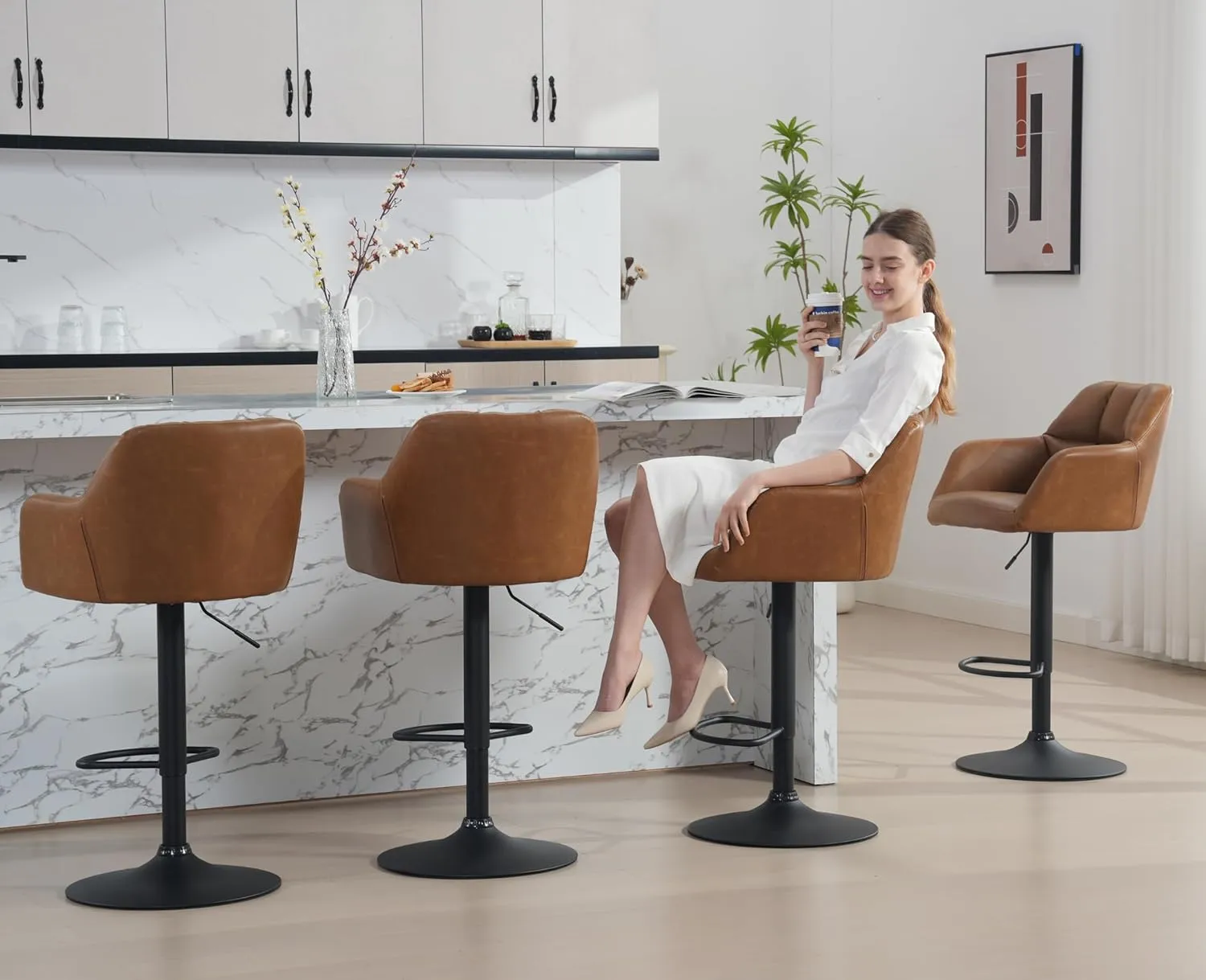 EALSON Modern Swivel Bar Stools Set of 2 Leather Counter Height Barstools with Back and Arms Adjustable Bar Stool Chairs with Metal Base for Kitchen Island/Home Bar/Dining Room, Brown