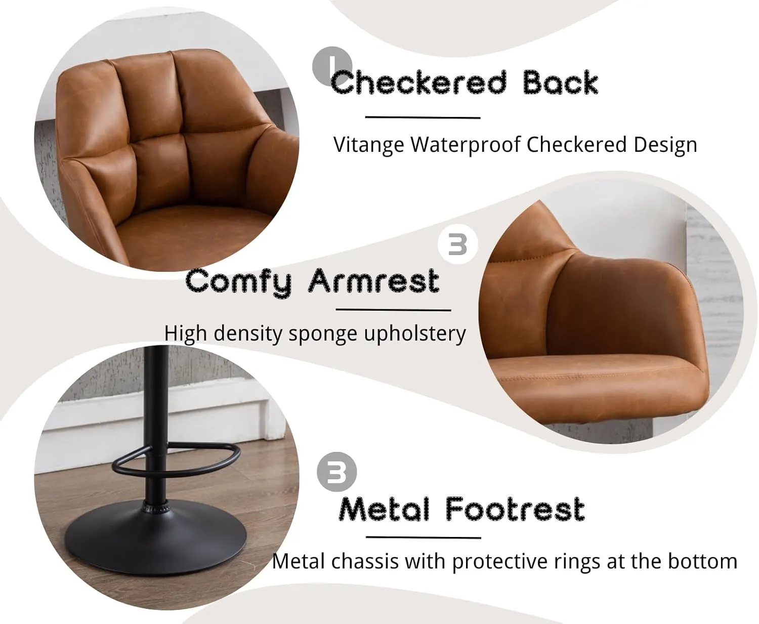 EALSON Modern Swivel Bar Stools Set of 2 Leather Counter Height Barstools with Back and Arms Adjustable Bar Stool Chairs with Metal Base for Kitchen Island/Home Bar/Dining Room, Brown