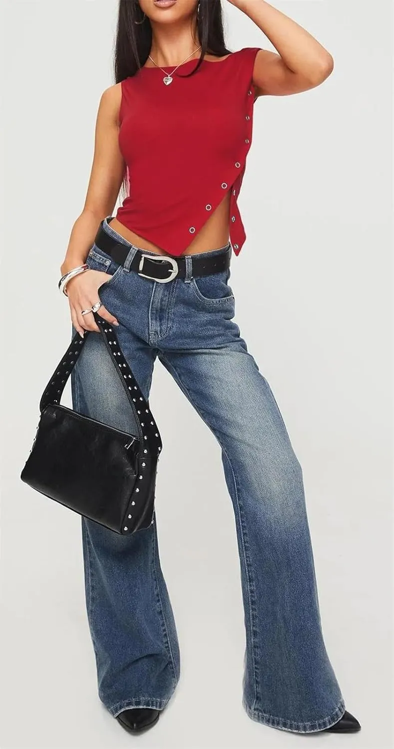 ECHOINE Women Sleeveless Button Down Shirt Sexy Crewneck Asymmetric Crop Tank Top