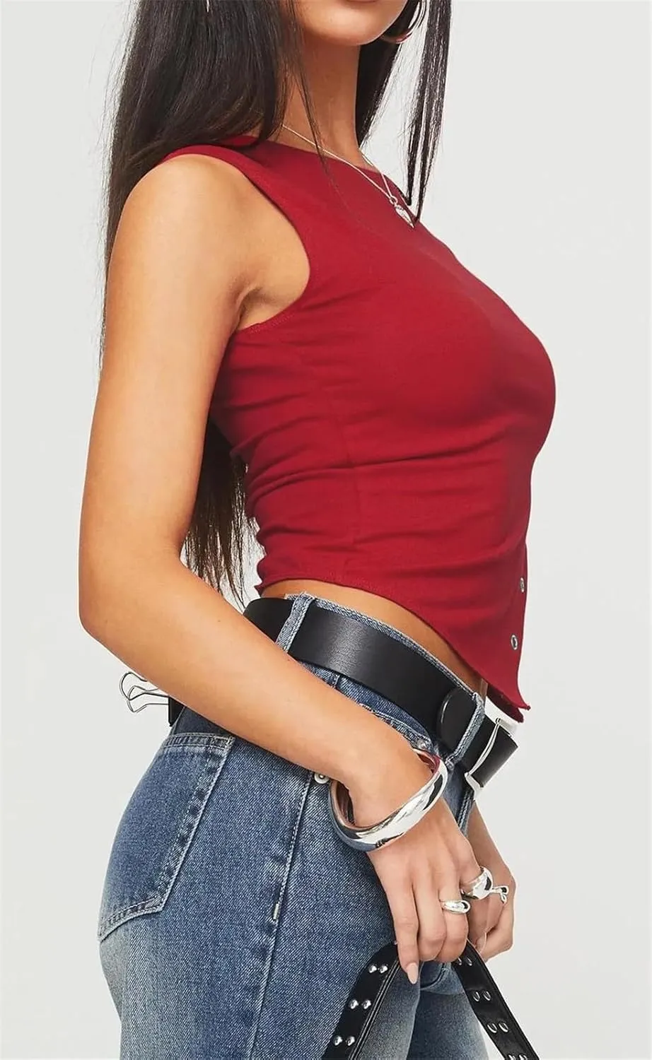 ECHOINE Women Sleeveless Button Down Shirt Sexy Crewneck Asymmetric Crop Tank Top